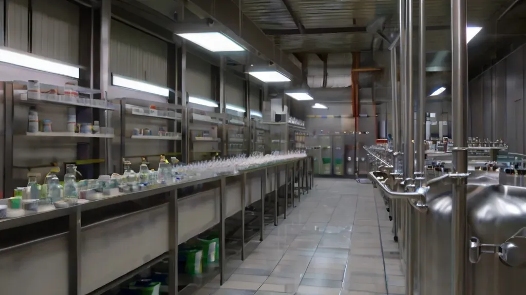 Bancadas de aço inoxidável em cozinha industrial vazia